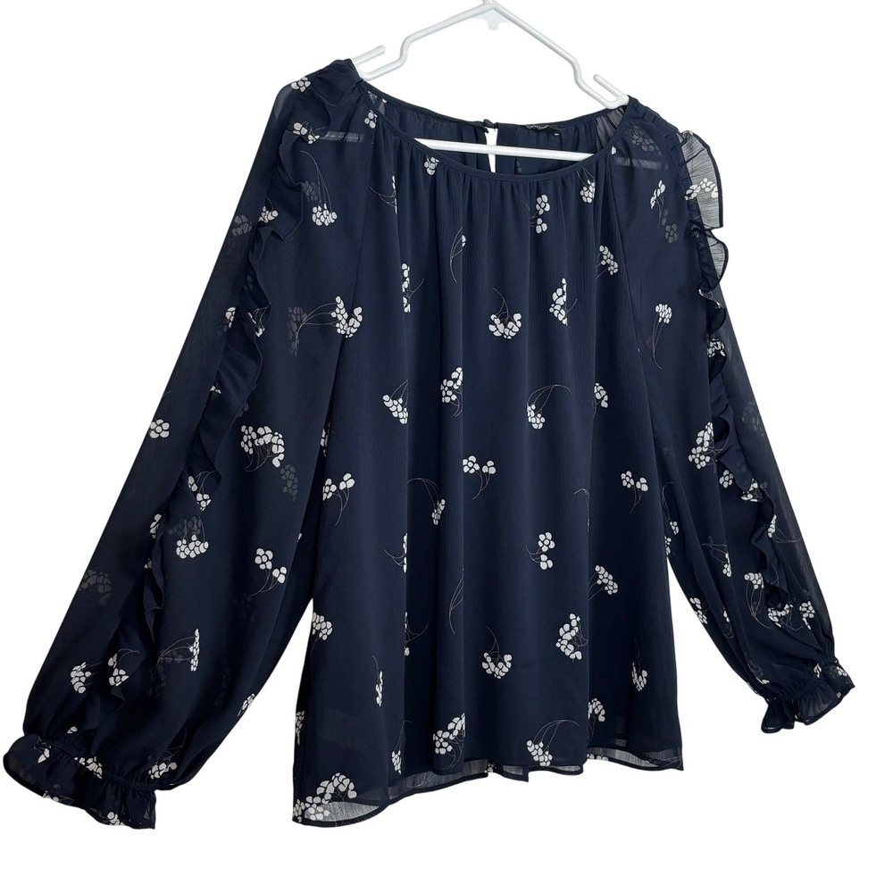 Ann Taylor Factory Blouse Women XL Navy Blue Floral Ruffle Sleeve Chiffon Top